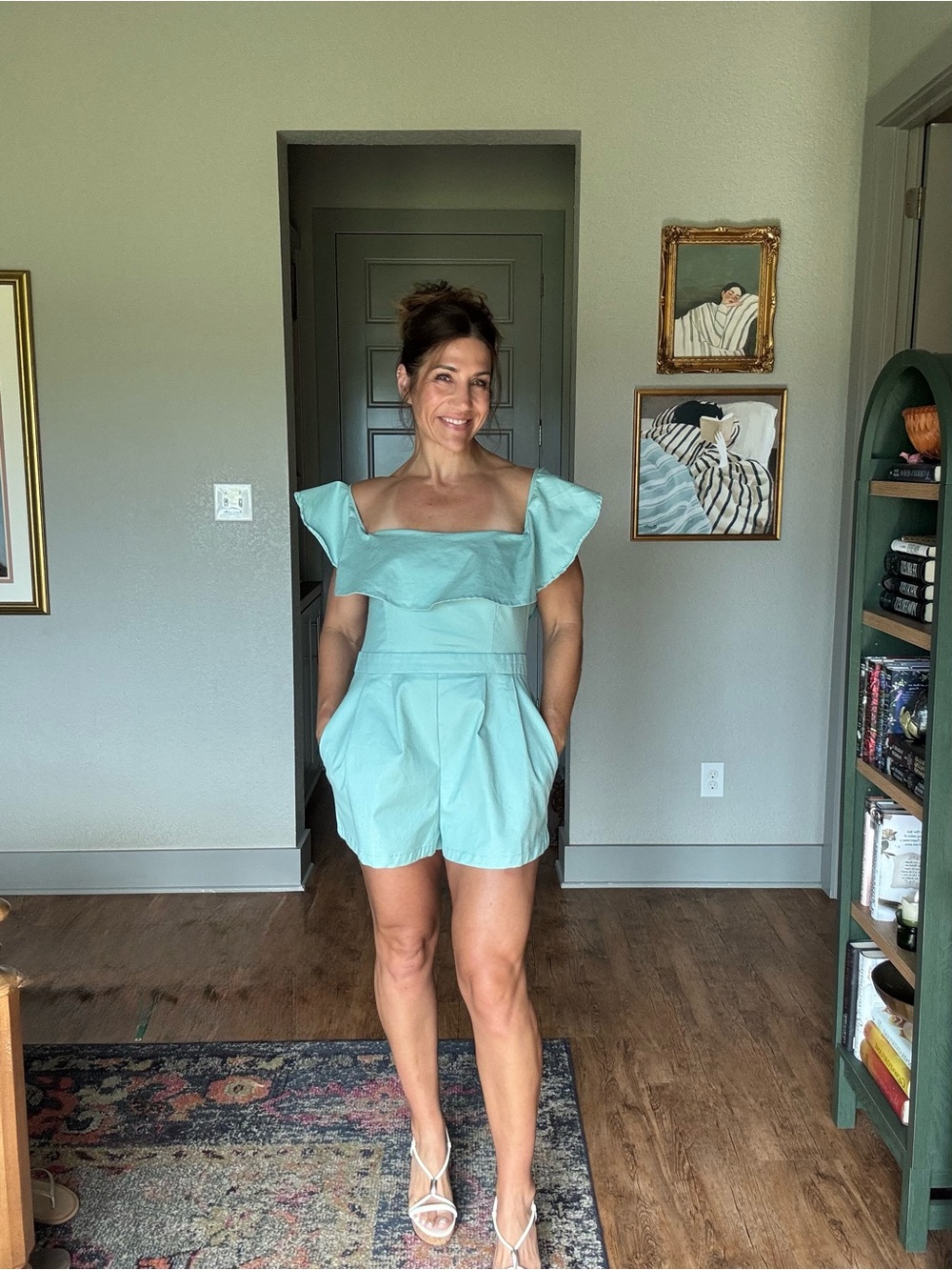 Flying Tomato Seafoam Blue Ruffle Versatile Off Shoulder Cotton Blend Romper L